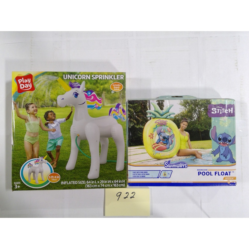 Play Day Unicorn Sprinkler & SwimWays Disney Stitch Pool Float Bundle New NIB